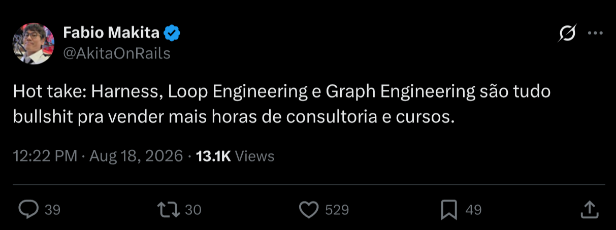Hot take no X: Harness, Loop Engineering e Graph Engineering são tudo bullshit pra vender mais horas de consultoria e cursos